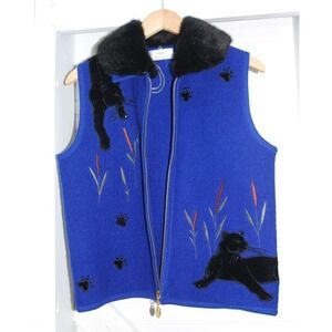 Vintage Womens Vest Medium Lisa International Wool Faux Fur collar‎ Black Cat